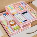 Marbrasse 2 Tier Desk Drawer Organizer, Folding Mesh Tray with 2 Sliding Dividers, Multifunctional Drawer for Office Supplies, Makeup & Vanity (Pink)