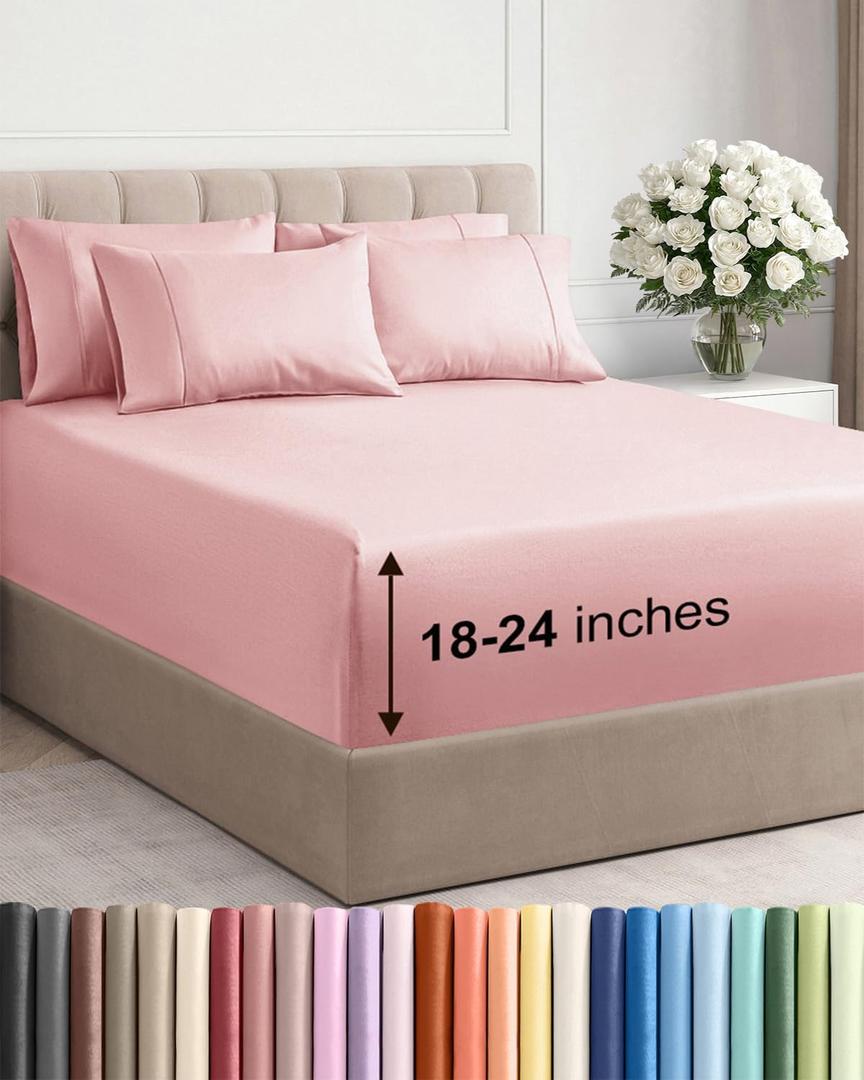 Extra Deep Queen Sheet Set - 6 Piece Breathable and Cooling Sheets - Hotel Luxury Bedding for Women, Men, Kids & Teens - Easy & Secure Fit - Soft, Wrinkle Free & Comfy - Extra Deep Pockets - Baby Pink