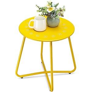 danpinera Outdoor Side Tables with Flower Cut Outs, Weather Resistant Steel Patio Side Table, Small Round Outdoor End Table Metal Side Table for Patio Yard Balcony Garden Yellow
