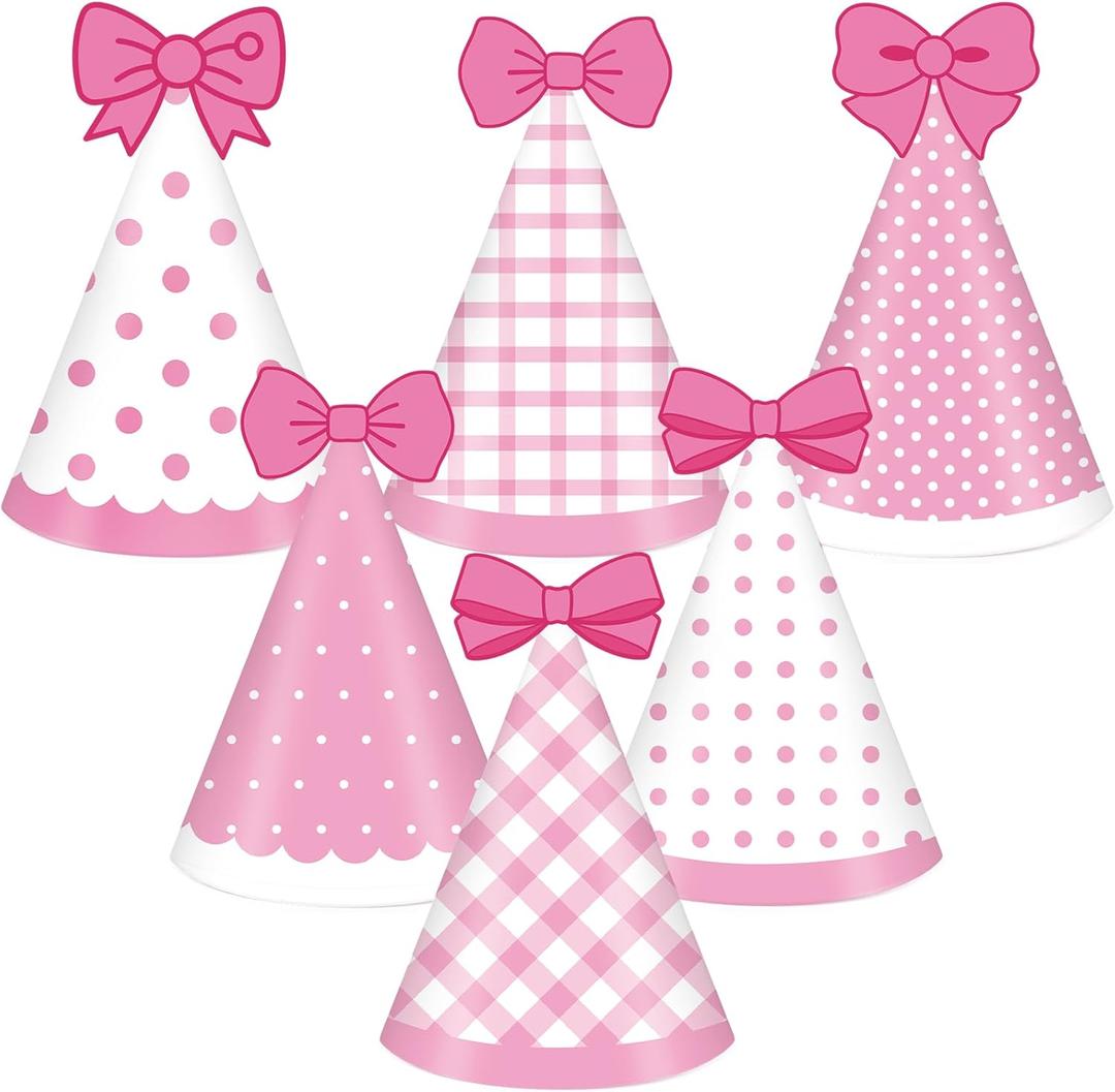 24pcs Pink Cat Party Hats Bow Birthday Party Supplies Cartoon Cute Cone Hats Pink Cat Stripe Dot Paper Hat with Elastic String for Girls Baby Shower Bridal Shower Decorations