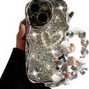 for iPhone 15 Plus Case with Beaded Marble Wrist Strap Super Sparkly Phone Case with Silvery Foil Glitter Creative Rhinestone Pearl Cute Love Heart Girly Women Phone Case for iPhone 15 Plus