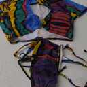 OYOANGLE Women's 2 Piece Swimsuit Graffiti Print Cut Out Ring Linked Bikini Set Tie Side Bathing Suit Multicolor M