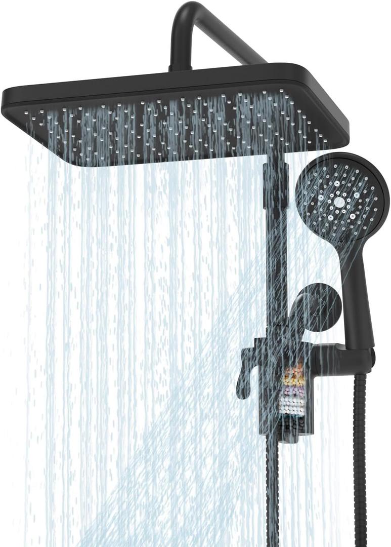 Filtered Shower Head with Handheld Spray Combo,12 inch High Pressure Rainfall Shower Head with Adjustable Slide Bar,Dual Rainfall Showerhead,Bathroom Accessories,Black