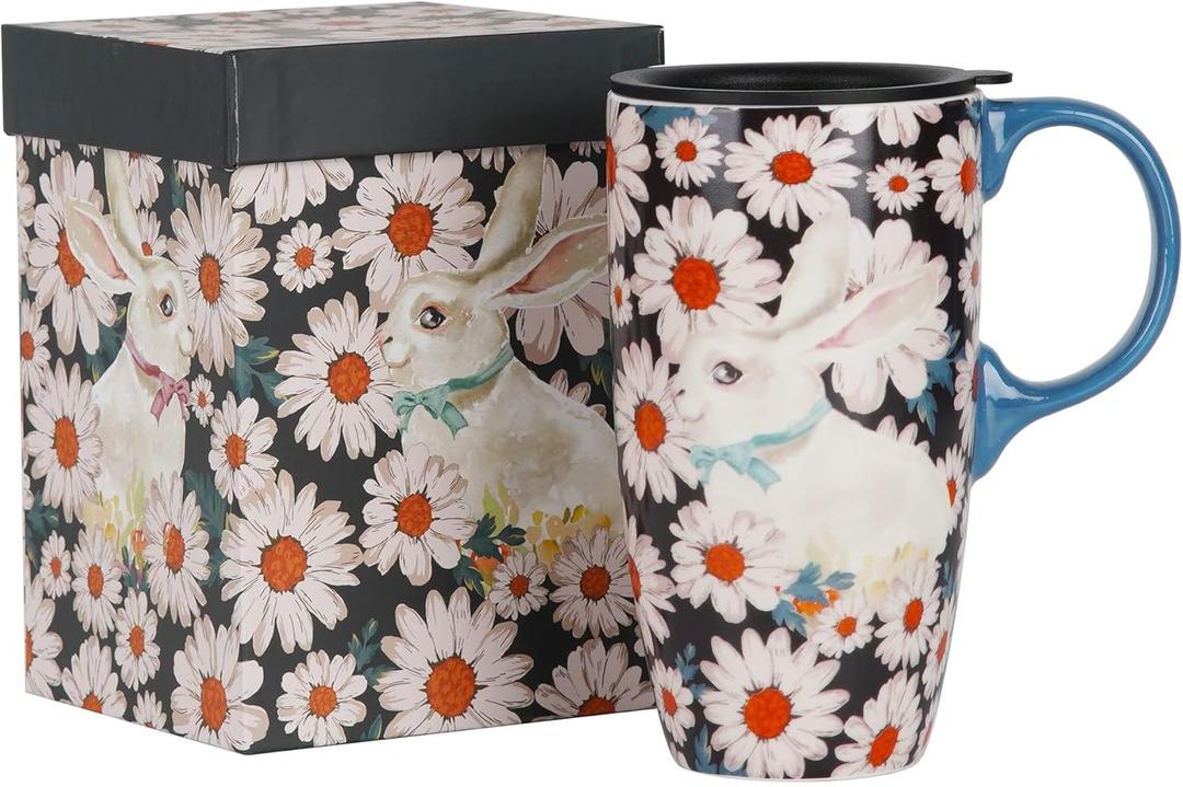 DUSVALLY Ceramic Tall Coffee Mug, Friends Coffee Cup Gift Set, Travel Mug with Lid for Office and Home, Unique Gifts for Women and Man, Color Box, 17 oz Large Cup, Flower and Rabbit