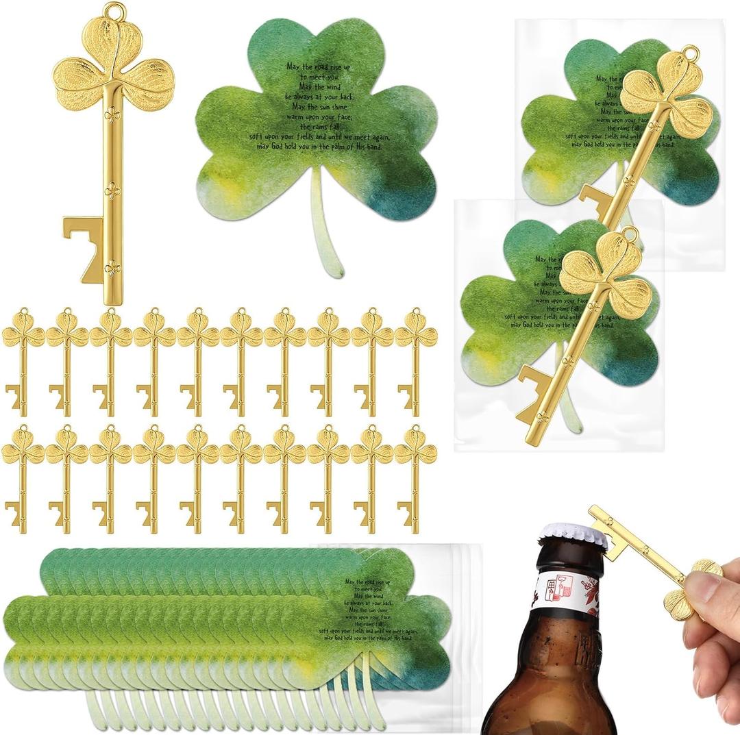 Vesici 20 Set St Patricks Day Gifts Key Bottle Openers with Lucky Clover Cards Gold Can Opener Irish Party Favor Appreciation Gift Thank You Gift for Guests Coworker Employee Family