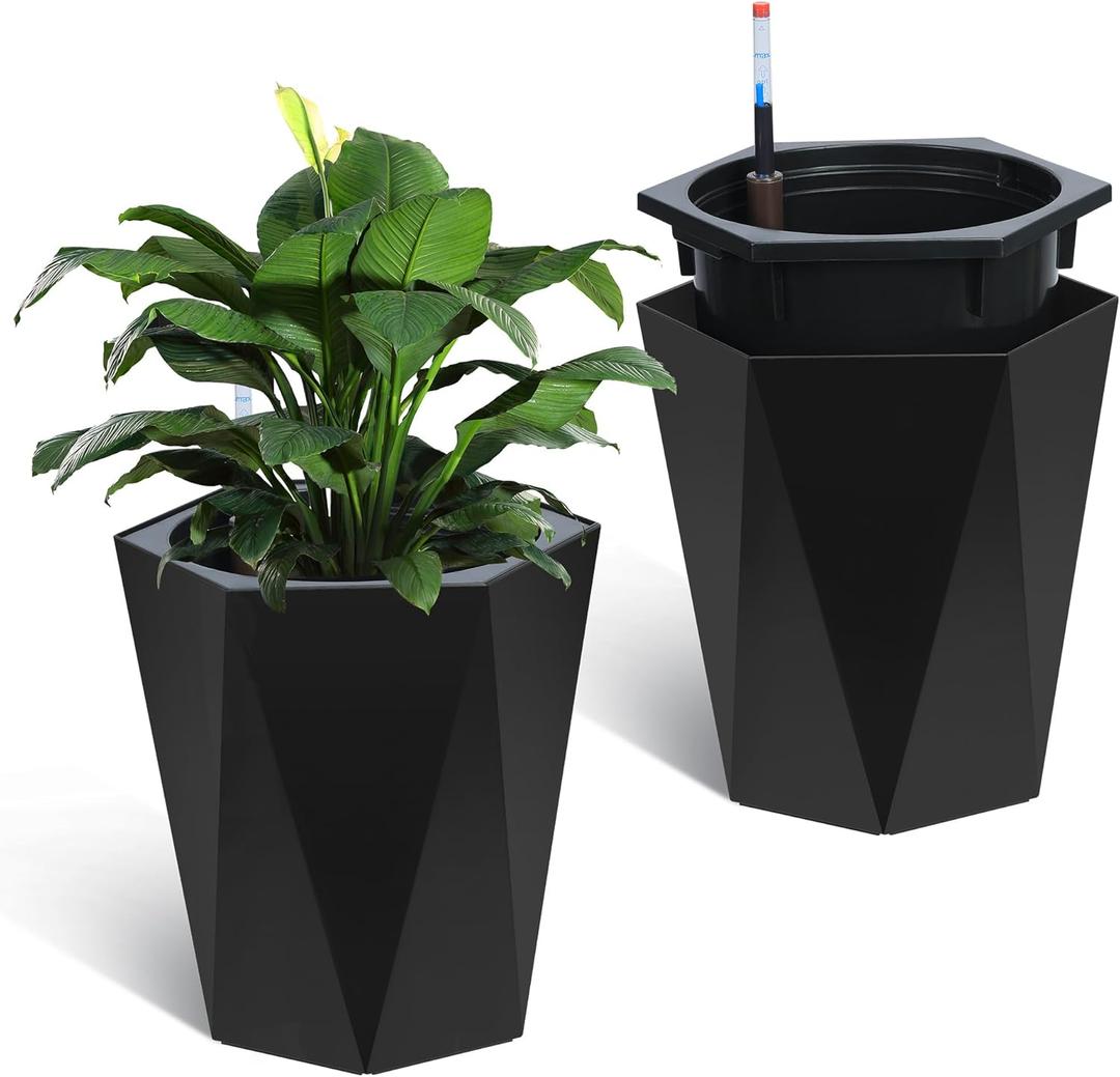 GarveeLife 16 Inch Tall Planters Set of 2, Outdoor Planters Self Watering Plant Pots with Water Level Monitor, Multiple Drainage Holes, Flower Pots for Patio, Porch, Living Room, or Home Office, Black
