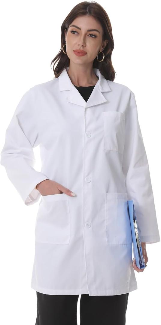 Greenour Women's Lab Coat 3 Pockets, White Long Sleeves Medical Doctor Coat Lab Jacket Scrub Coat for Women, Relaxed Fit (Medium)