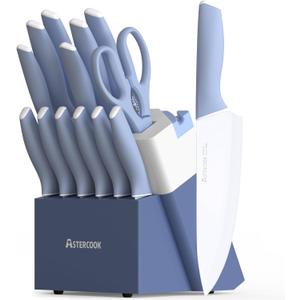 Astercook Kitchen Knife Set with Block and Sharpener 15 Piece Ceramic Coating German High Carbon Stainless Steel Knives Sharp Blade Dishwasher Safe Knife Block Set with Ergonomic Handle, Delicate Blue