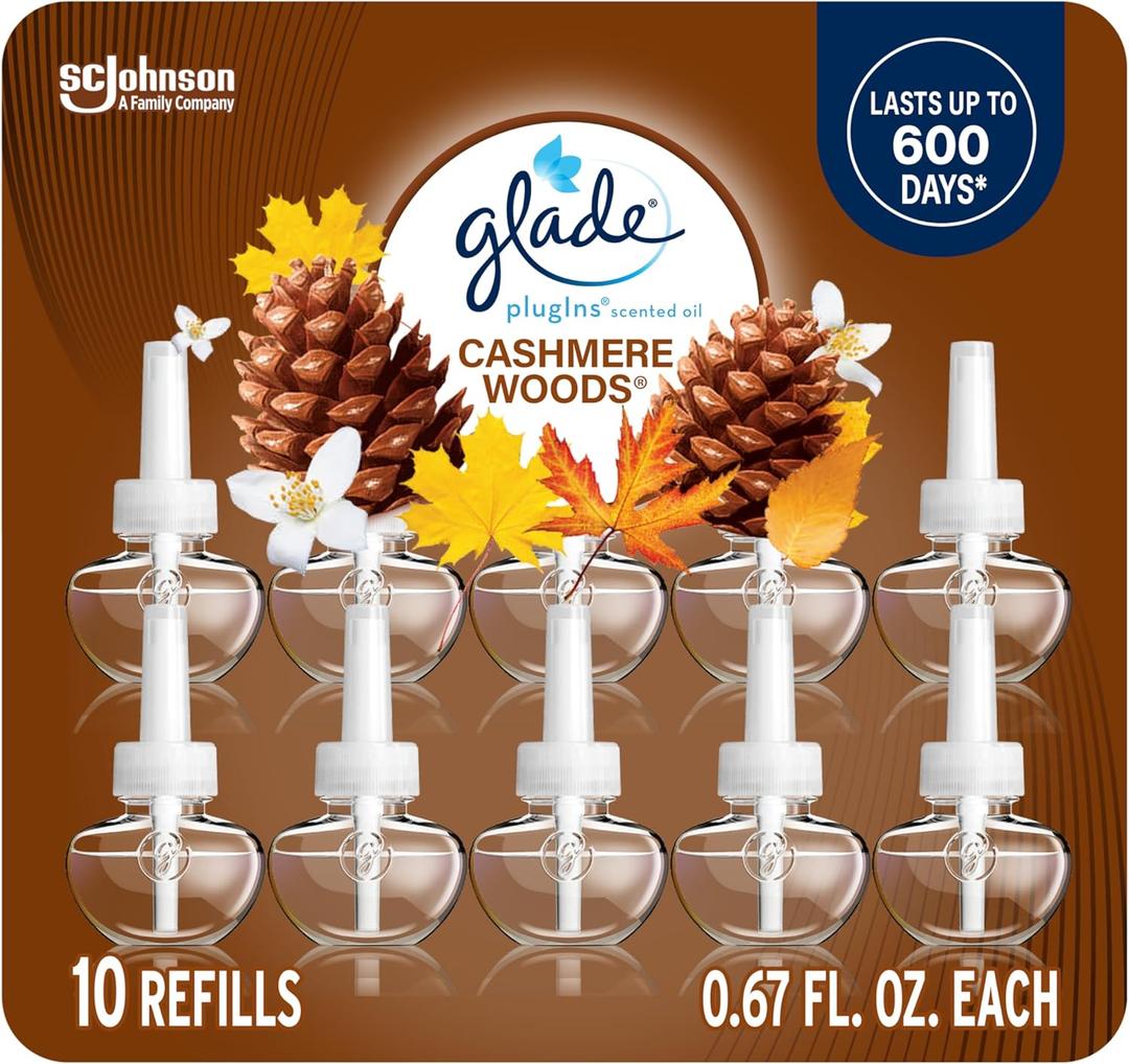 Glade PlugIns Refills Air Freshener, Scented and Essential Oils for Home and Bathroom, Cashmere Woods, 6.7 Fl Oz, 10 Count