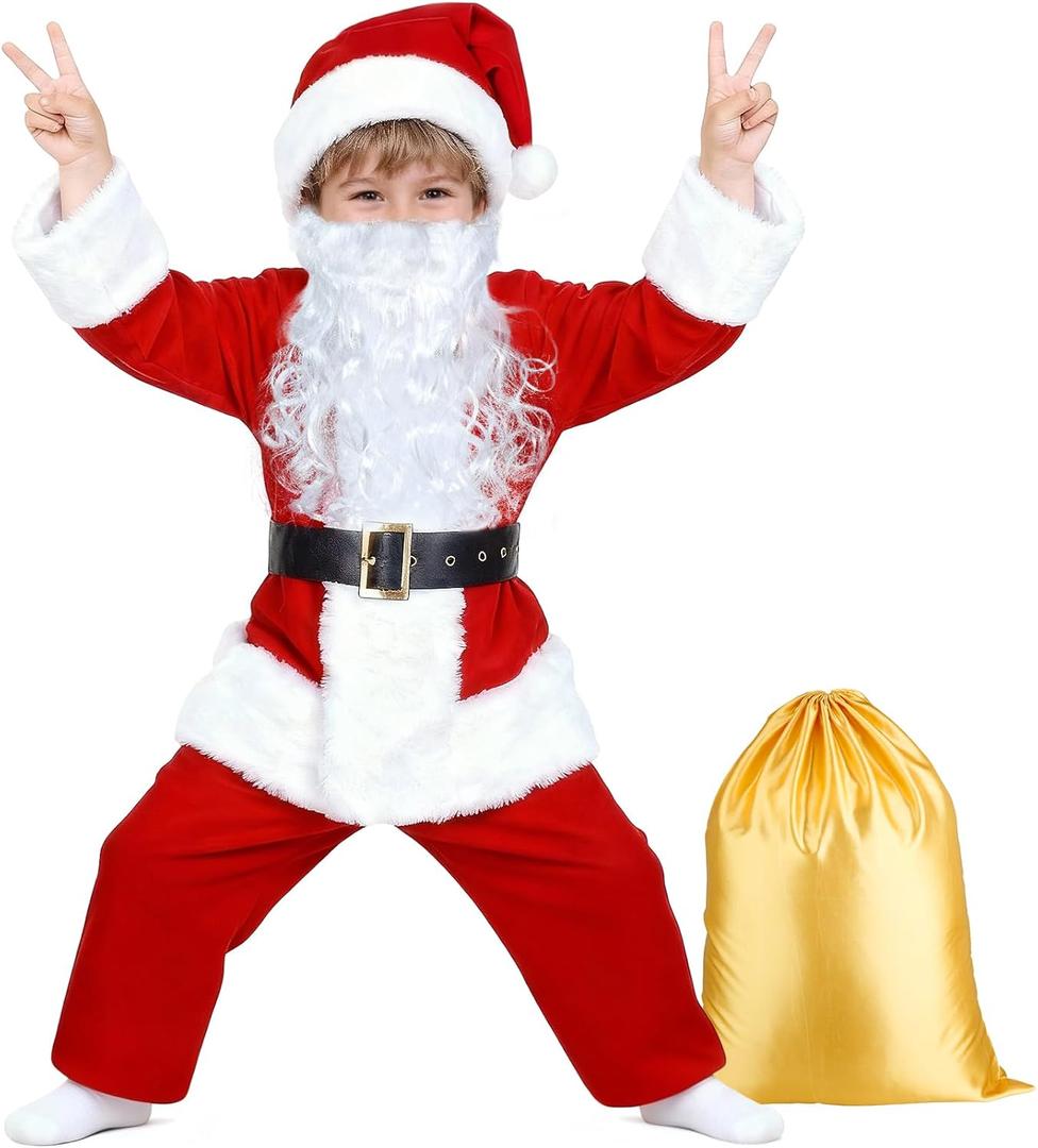 SOMOYA Boys Santa Costume for Kids Child Santa Suit Set Velvet Santa Claus Costume Christmas Santa Suit for Kids 6pcs Set (Medium, Red)