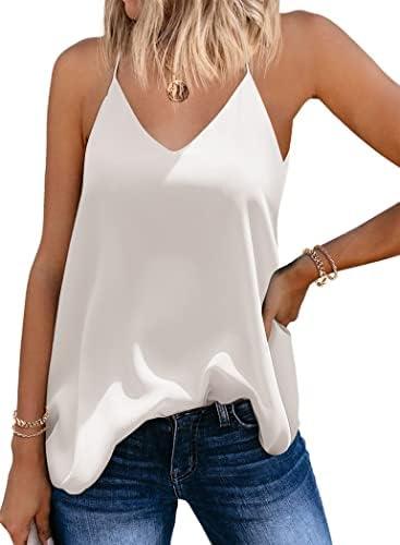 SUNAELIA Chiffon Cami V Neck Tank Tops for Women Loose Fit Flowy Spaghetti Strap Camisole Summer Casual Sleeveless Shirts Size L