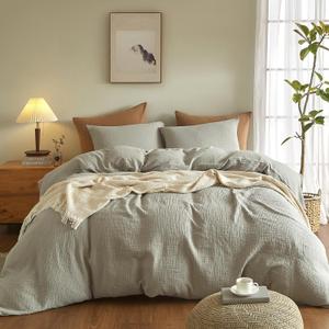 SE SOFTEXLY Muslin Duvet Cover King Size, 100% Washed Cotton Duvet Cover Set, Ultra Soft Comforter Cover Linen Like, 3 Pieces Minimalist Gauze Duvet Cover with 2 Pillowcases, 90"x104", Nature