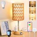 Rattan Table Lamps for Living Room, 3 Way Dimmable Touch Lamps, Small Bedside Lamps with LED Bulbs, Phone Stand, USB Ports and AC Outlet, Boho Nightstand Lamp for Bedroom Office (1 Pack Faux Wood)