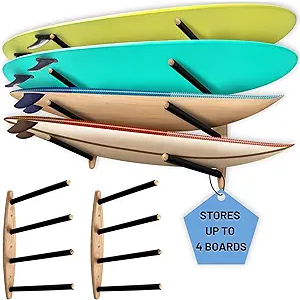 Hang 11 Surfboard Wall Rack, Surfboard Rack for Wall Mount, Sustainable Wooden Surf Board Storage for Garage, Surf Hangers, Horizontal Paddle Board SUP & Wakeboard Holder