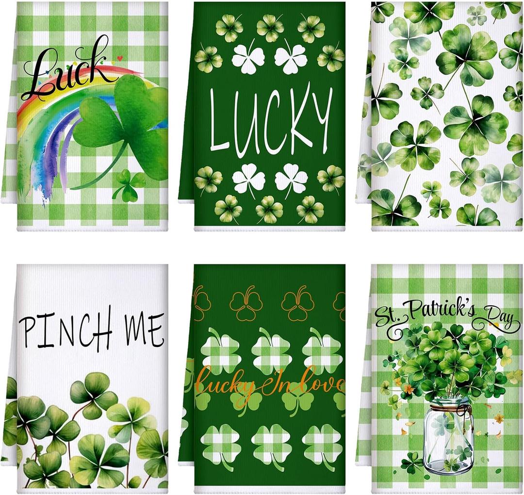 Honoson 6 Pcs St Patrick's Day Kitchen Towels St. Patrick's Day Dish Towels Shamrocks Gnomes Plaid Absorbent Bathroom Set Tea Cloth for Kitchen Home 16 x 24 Inches(Light Green,Vivid Style)