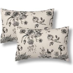 Vintage Floral Lumbar Throw Pillow Covers 12x20 Set of 2 Black Flowers Decorative Pillow Cover Roses Outdoors Pillowcase Cushion Case Home Decor for Sofa Couch Bed Bedroom