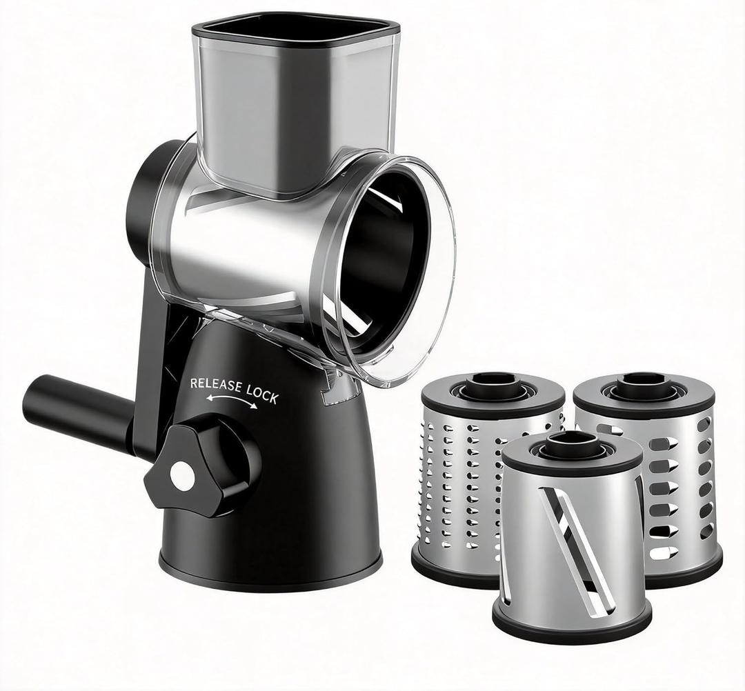 JIUMEXES Rotary Cheese Grater Hand Crank - 3-in-1 Manual Cheese Shredder with 3 Stainless Steel Blades, Strong Suction Base for Cheese Vegetables Nuts, Dishwasher Safe Kitchen Grater