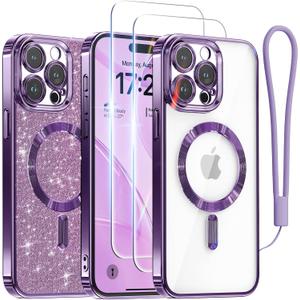 Meifigno for iPhone 15 Pro Max Case 6.7", [Glitter Card & Wrist Strap] [Compatible with MagSafe] [2X Screen Protectors] Surround Raised Camera Lens Protection for 15 Pro Max Case, Deep Purple