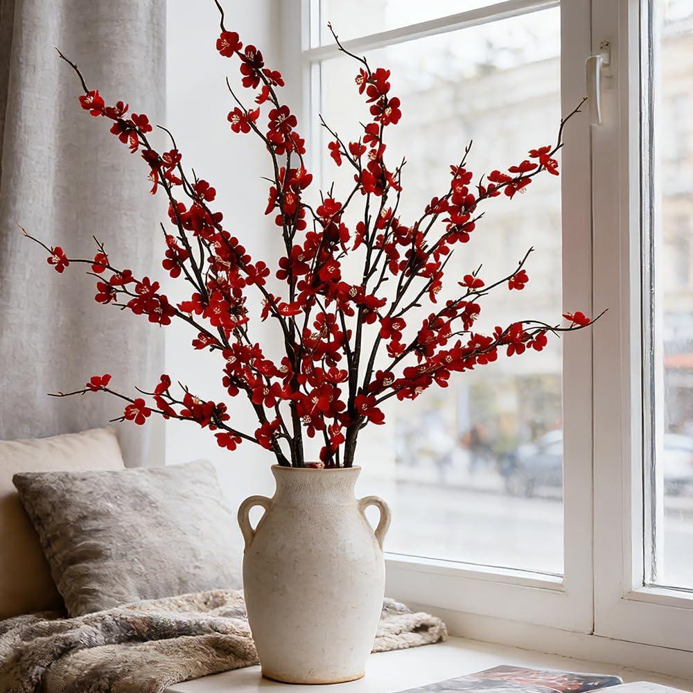 LESING 4pcs Cherry Blossom Flowers Artificial, Fake Silk Cherry Blossom Branches Tall Peach Blossom Flower Stems Arrangement for Wedding Home Office Party Decoration (Red-2)