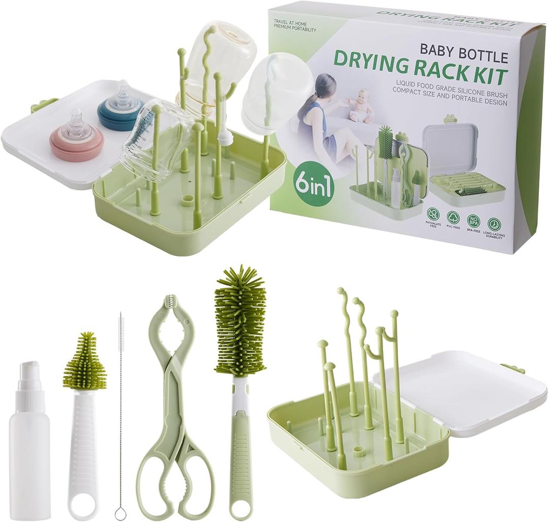 6 in 1 Baby Traveling Set Includes Straw Cleaner, Silicone Brush, Nipple Brush, Soap Dispenser, Drying Rack + Tray and Bottle Clip, Brush Washer, Newborn Essentials, Girl and Boy Gifts, Green