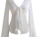 OYOANGLE Women's Tie Front Slit Hem Mesh Sheer Blouse Bell Sleeve V Neck Asymmetrical Shirt Top (Large, White)