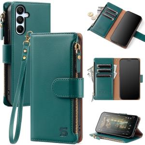 Shieldtop Compatible with Samsung Galaxy A15 5G Wallet Case with Card Holder,PU Leather Phone Case Flip Protective Cover Wrist Strap Zipper Pocket Credit Card Slots RFID Blocking Women Men,Blue Green