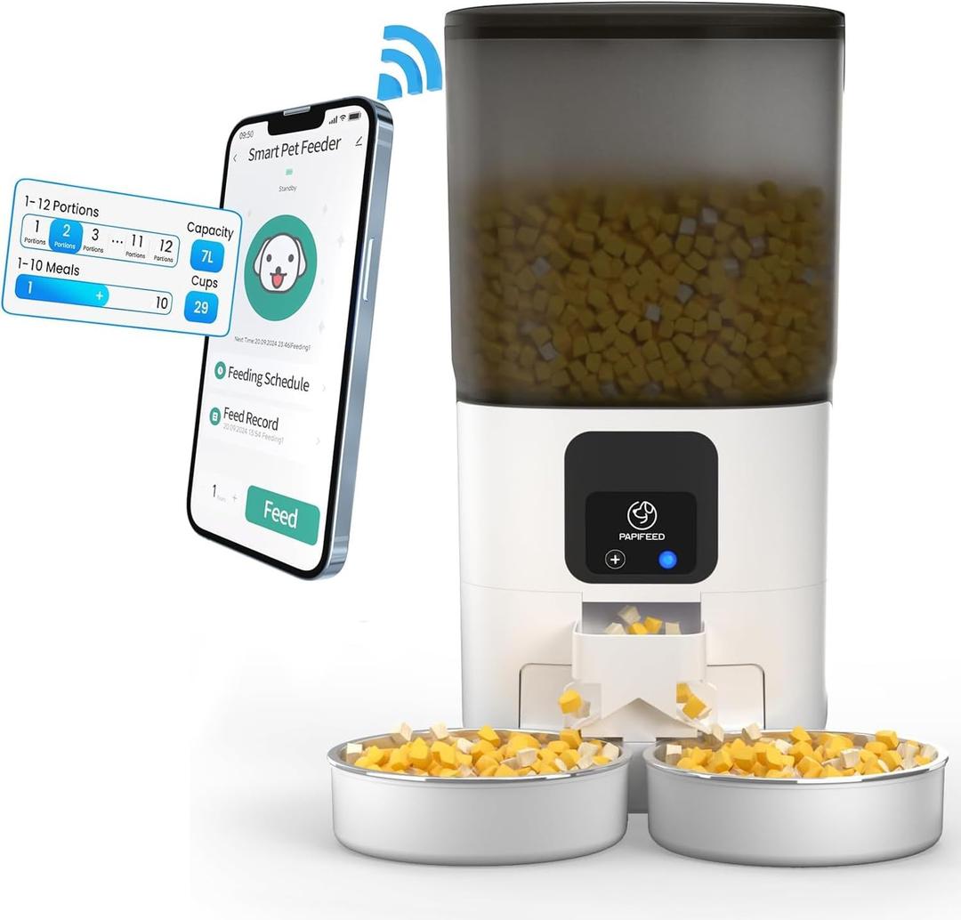 7L Automatic Cat Feeders for 2 Cats - 2.4G WiFi Timed Auto Feeder with APP Control, Cat Food Dispenser with Alexa for Multiple Cats, Detachable for Easy Clean, 1-10 Meals Per Day - White