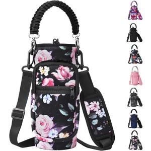 AceTreker 32/40/64/128 oz Neoprene Insulated Water Bottle Carrier Bag, Sling Bag Sleeve Pouch Holder with Strap & Paracord Handle and 2 Pocket for Travelling, Hiking, Camping