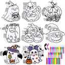 Motipuns 36 Pcs Paper Halloween Coloring Craft Kit with 36 Watercolor Pen and Ribbons Halloween Ornaments DIY Pumpkin Ghost Cutouts Color Your Own Crafts for Painting Party Home Classroom Art Project