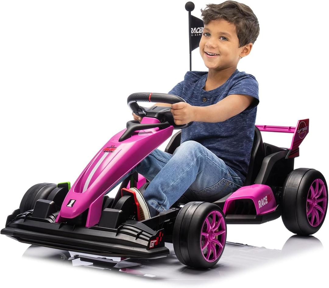 24V Go Kart for Kids 6+ Years, 200W*2 Drifting Motors, 7.5 Mph High Speed Drifting Kart Car Riding Vehicle, Extendable Car Length,Max Load 135lbs Outdoor Ride On Racing Toy for Teens Children,Pink