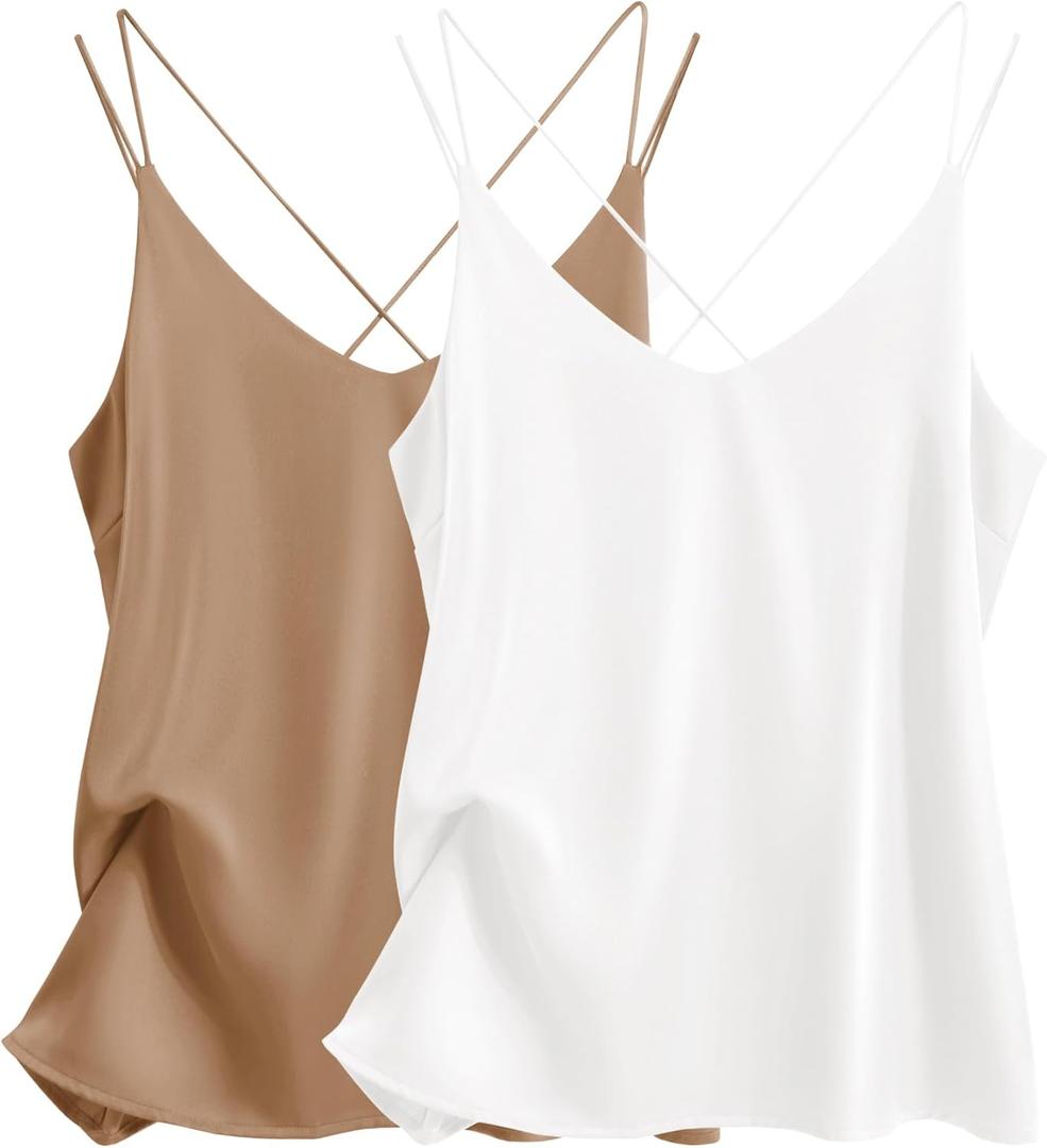Ekouaer Womens Silk Satin Camisole Tank Tops V Neck Spaghetti Strap Blouses Cross Back Sleeveless Cami Shirt (Large, White+Khaki)