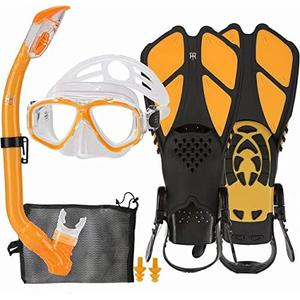 HH HHAO SPORT Kids Mask Fins Snorkel Set Snorkeling Packages, with Diving Mask, Snorkel, Adjustable Swim Fins, Mesh Bag, Anti-Fog Anti-Leak Snorkeling Gear for Kids for Snorkeling Swimming Diving