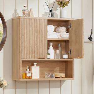 LEYAOYAO Fluted Bathroom Wall Cabinet, Wall-Mounted Medicine Cabinet with Adjustable Shelf & Doors, Farmhouse Floating Over the Toilet Storage Cabinets for Laundry Room, Kitchen, Living Room (Natural) 7.7"D×23.5"W×24"H