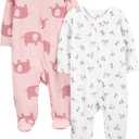 Simple Joys by Carter's Baby Girls' 2-Pack 2-Way Zip Textured Sleep and Play, Plum/Floral, 6-9 Months