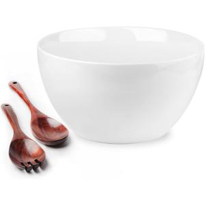 LAUCHUH Salad Serving Bowls, 5 Quarts Porcelain White Serving Bowl Extra Large Mixing Bowl with Spoon Set for Salad, Preparing, Pasta, Popcorn, Chips, Fruit, Vegetables, Christmas, 3 Pcs