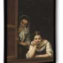 OIQArtOIQ Funny Bathroom Framed Wall Art Vintage Canvas Wall Art Prints Two Women At A Window Pictures Wall Decor Modern Minimalist Humorous Artwork For Restroom, 23,5x15,5