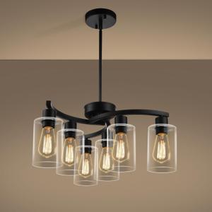 CNRATYE 6-Light Modern Farmhouse Black Chandelier, Contemporary Dining Room Light Fixture, Adjustable Height Hanging Industrial Pendant Lights Kitchen Island, Clear Glass Shade