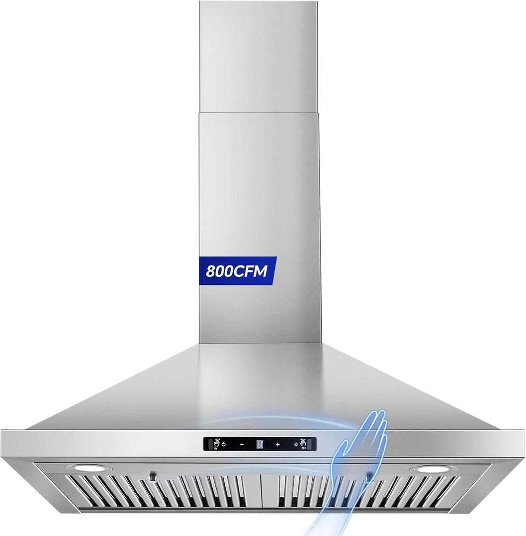 Wall Mount Range Hood 30 inch, 800 CFM Kitchen Hood Stainless Steel Stove Vent Hood with Gesture Sensing & Touch Control, Ducted/Ductless Convertible Duct, 3-Speed Fan, LED Lights, Baffle Filters