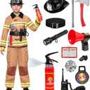 Spooktacular Creations Halloween 14PCS Firefighter Costume for Kids, Boys Fireman Costume with Toys Set for Toddler RolePlay (Brown)