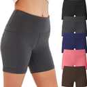 Begrily Girls Volleyball Athletic Biker Shorts with Pockets, Kids Dance Spandex Yoga Running Short 5 Pack, Medium, Black/Grey/Navy/Pink/Brown