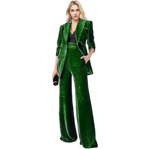 Women's 2 Piece Velvet Suit Office Work Suit Notch Lapel Double Breasted Blazer Pants Business Suit Set (Green, S)