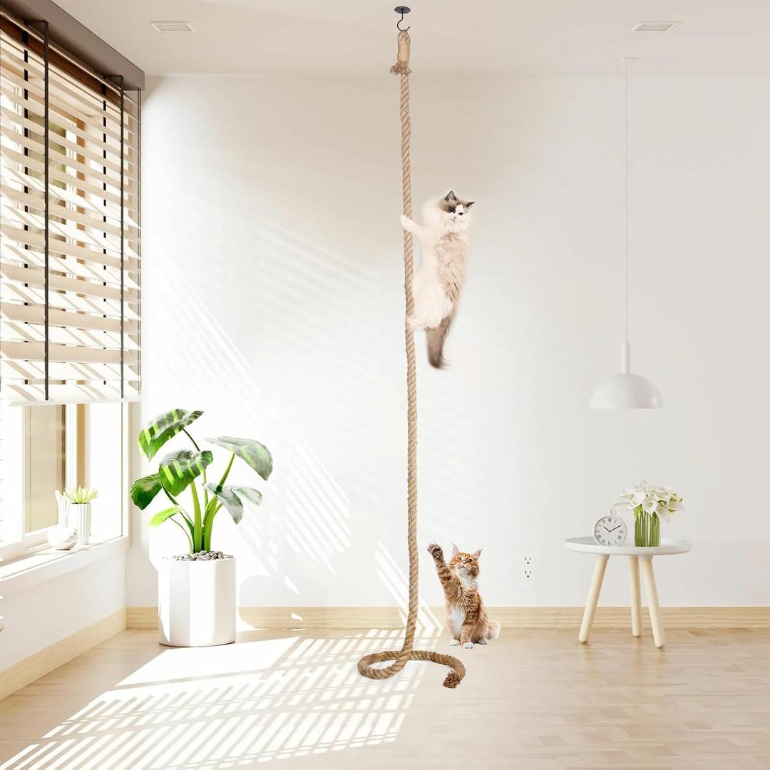 Cat Climbing Rope with Hook,Natural Jute Ropes for Ceiling and Wall Mounted,Cat Climbing Sisal Rope Cats Scratch Rope Suitable for Indoor Cats (1.20" x 9.84Ft)