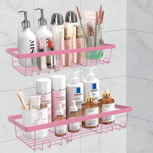 2 Pack Adhesive Shower Caddy Organizer with Hooks, Rustproof No Drilling Wall Mounted Storage Shelf Rack for Inside Shower/Bathroom/Kitchen (Pink)