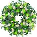 Sggvecsy 18 St. Patrick's Day Shamrocks Wreath for Front Door with Daisy Eucalyptus Leaves 30 Green Lights Artificial Greenery Clover Wreath for Irish St. Patrick's Day Decoration Wall Home Decor
