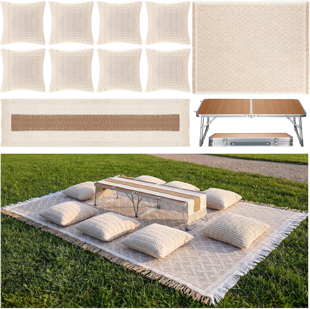 12 Pcs Extra Large Outdoor Boho Picnic Blanket 91'' x 71'' Folding Camping Table Beige White Table Runner 8 Throw Pillow with Pillow Cores Woven Cotton Yarn for Camping Garden Beach Wedding