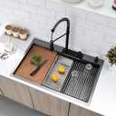 BoomHoze 33 Inch Black Drop In Waterfall Kitchen Sink Workstation