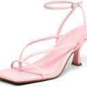 PiePieBuy Women's Lace Up Heeled Sandals Square Flip Flop High Heels Strappy Party Shoes (8.5, Pink)