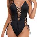 Tempt Me Women Sexy Lace Up One Piece Swimsuit Deep Plunge V Neck High Cut Bathing Suits, Size XL