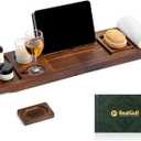 Teak Bathtub Tray, Bath Caddy with Wine Glass Holder, Phone Dock & Book Stand | Hands-Free Reading & Ultimate Spa Relaxation Experience-Brown