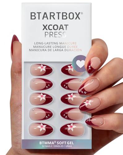 BTArtbox Press On Nails Short - Rococo Bloom, Red 3D Flower Pearl Almond French Tip Press On Nails with Glue and Adhesive Tabs for Women, Soft Gel Glue On Nails in 16 Sizes - 32 Stick On Nails Kit